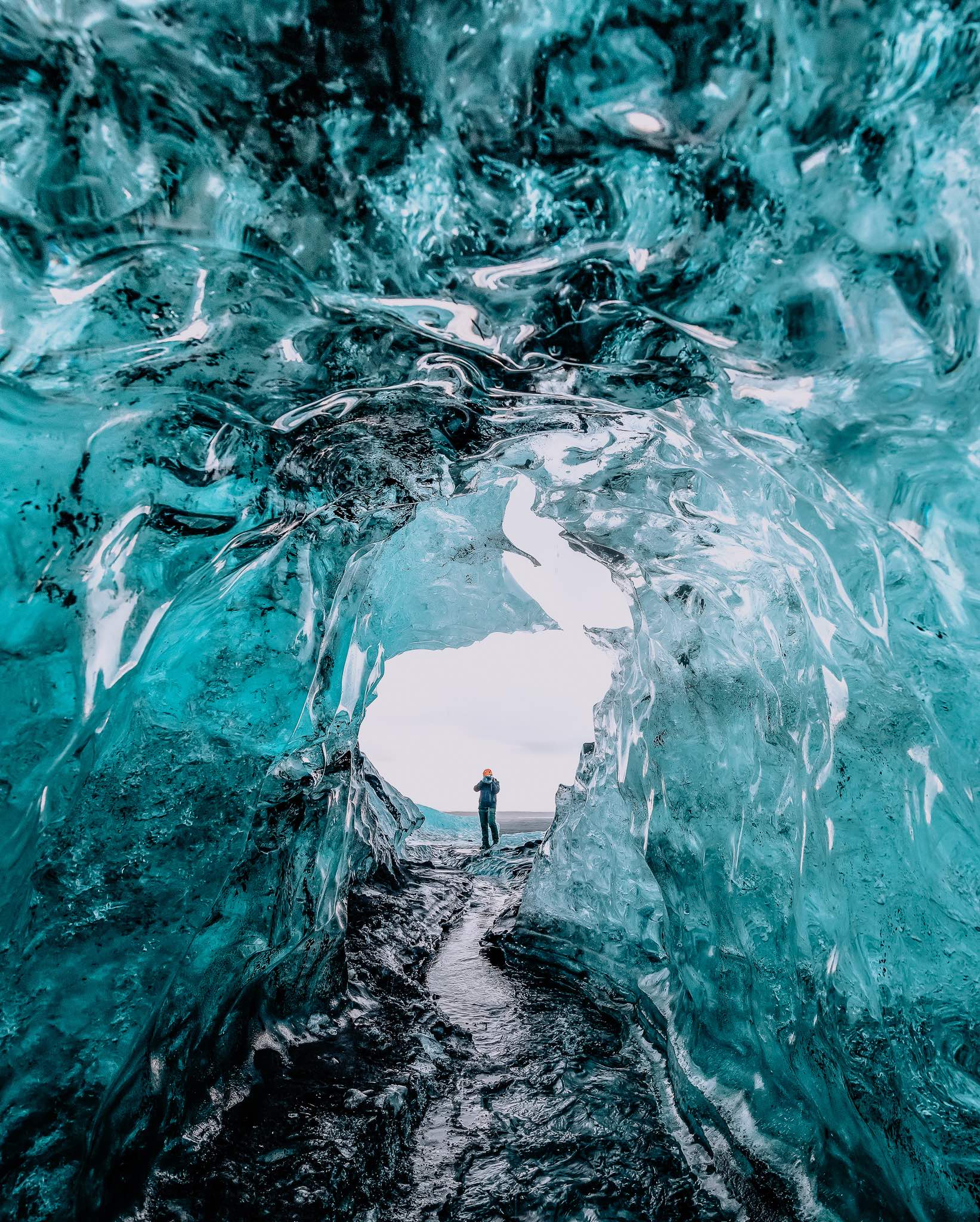 Inside an ice glacier cave in Iceland